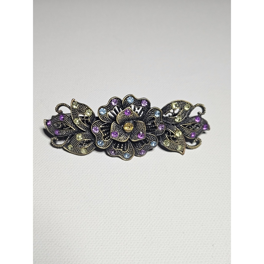 Vintage Antiqued Brass Floral Hair Barrette‎ Clip Multicolor Rhinestone Flower